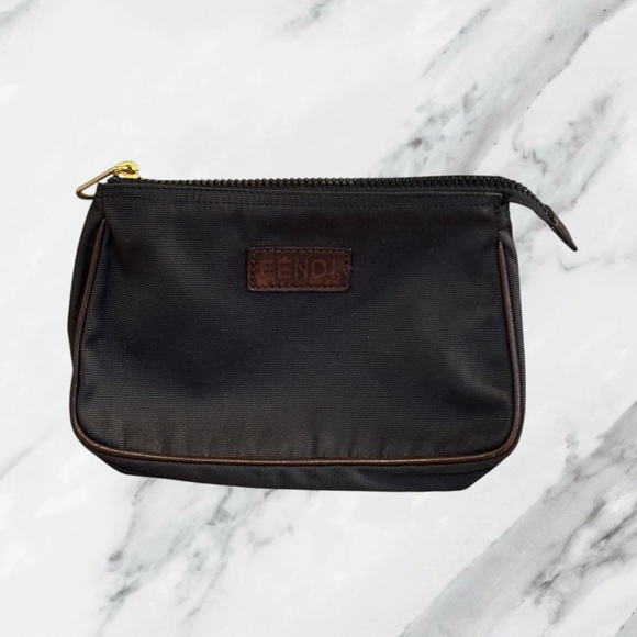 Fendi Authentic Vintage Black Nylon Cosmetic Bag Case Pouch with Leather Trim - Picture 1 of 11